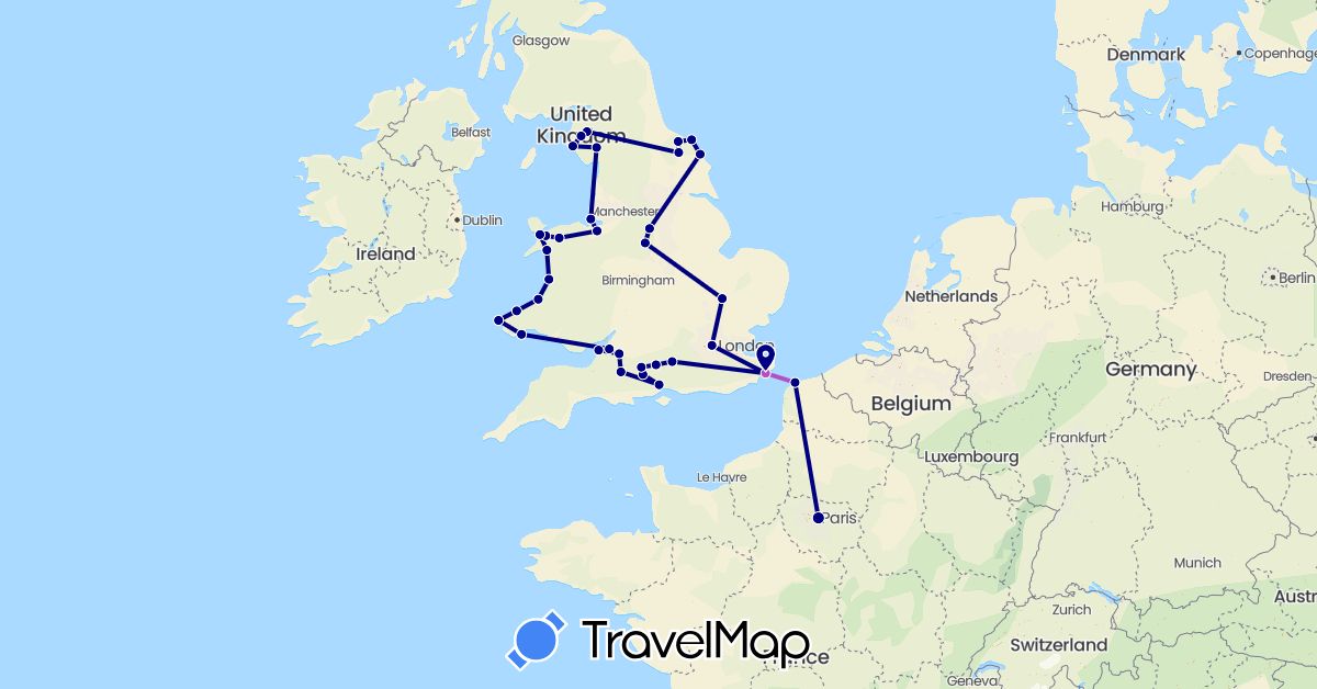 TravelMap itinerary: driving, train in France, United Kingdom (Europe)