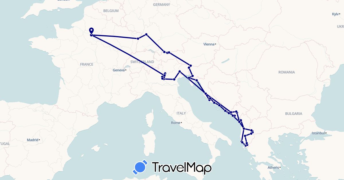 TravelMap itinerary: driving in Albania, Bosnia and Herzegovina, Germany, France, Croatia, Italy, Montenegro, Macedonia, Slovenia (Europe)