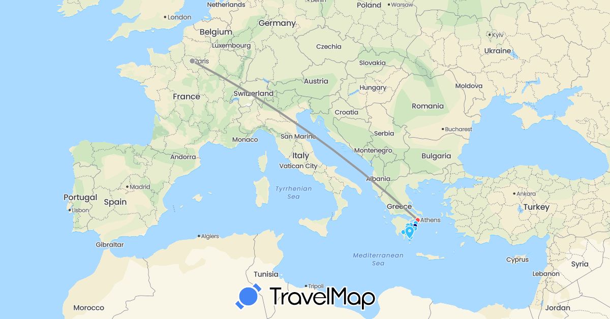 TravelMap itinerary: driving, plane, hiking, boat in France, Greece (Europe)
